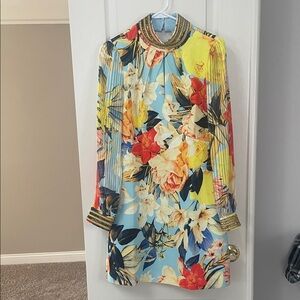 Karen Millen Floral Long-Sleeve Pleated Mini Dress in Blue and Yellow